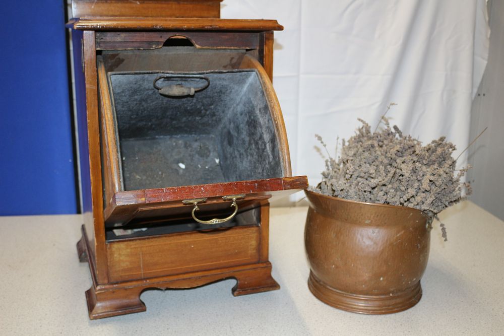 Lot 399: An Antique Wooden Coal Scuttle and Hammered Coal Bucket