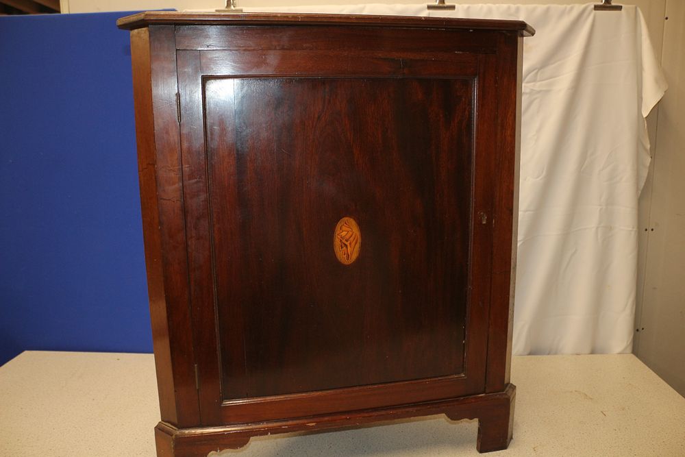 Lot 409: A Dark Reddish-Brown Wooden Corner Cabinet with Shell Inlay
