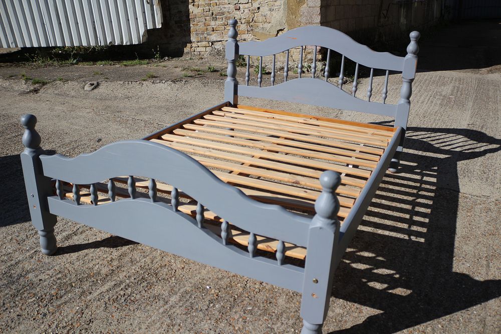 Lot 423: A Blue/Grey Hand-Painted Double Wooden Bed Frame with Slats