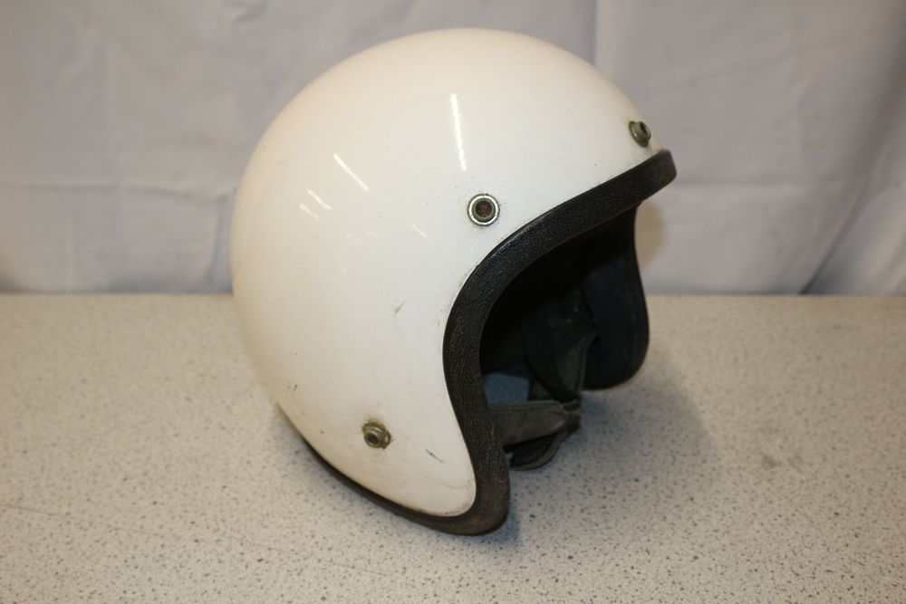 Lot 424: An ASC Fury 300 1970's White and Black Open-Face Helmet
