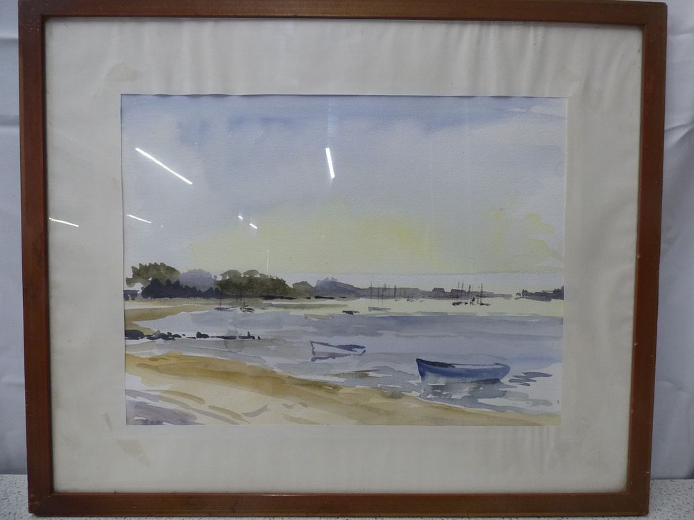 Lot 428: A Framed Watercolour Painting of a Coastal Landscape with Boats