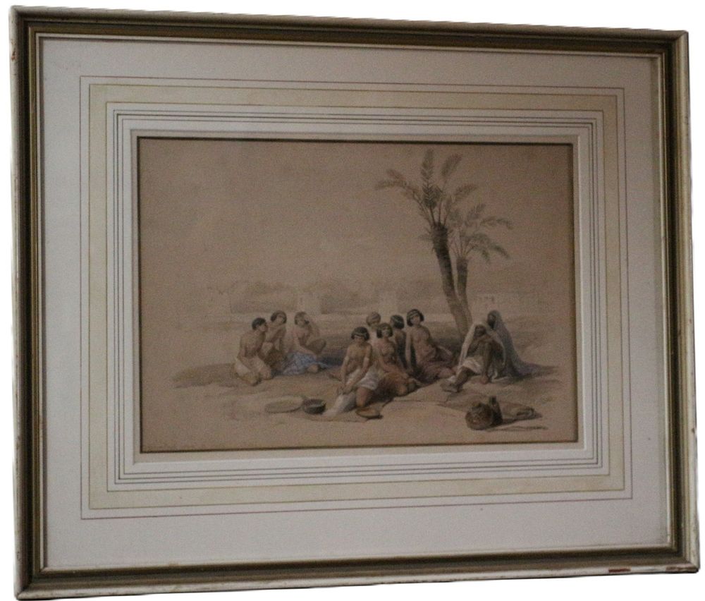 Lot 527: After David Roberts (1796-1864), 'Abyssinian Slaves Resting at Korti, Nubia', Watercolour or Sepia Wash Drawing