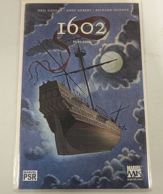 Marvel 1602 Part Five Comic by Gaiman and Kubert. A comic book, predominantly blue, brown, and 