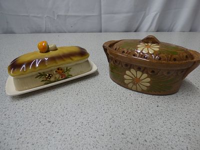 Two Folk Art Ceramic Butter and Casserole Dishes. A cream-coloured 70s Sears and Roebuck Merry 