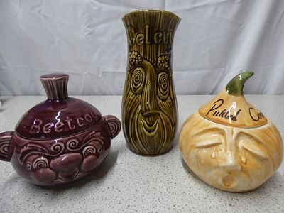 Sadler England Pottery, Beetroot Ceramic Lidded Jar, Celery and Pickled Onion Lidded Jar. 3 x 