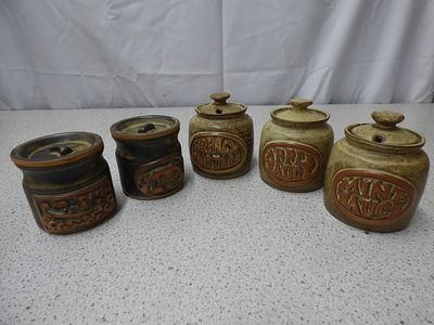 A Collection of Vintage Studio Pottery Lidded Jars. A collection of five vintage studio pottery 
