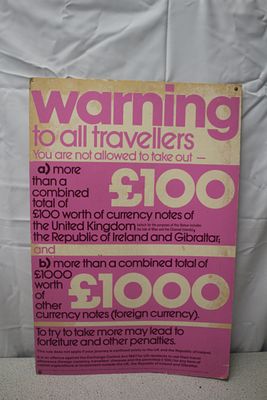 1975 UK Currency Restrictions Warning Poster. A pink and cream cardboard poster with magenta 