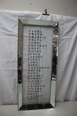 A Venetian Style Mirrored Frame Phonetic Alphabet Sign. A mirrored-frame sign displaying the 