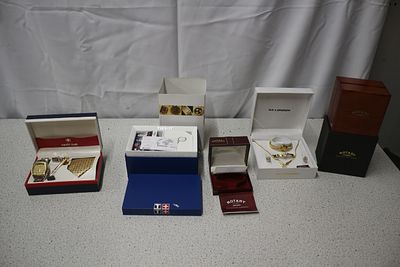 Collection of Watch Presentation Boxes, some Complete, Rotary and Tissot Empty. A gold-toned 