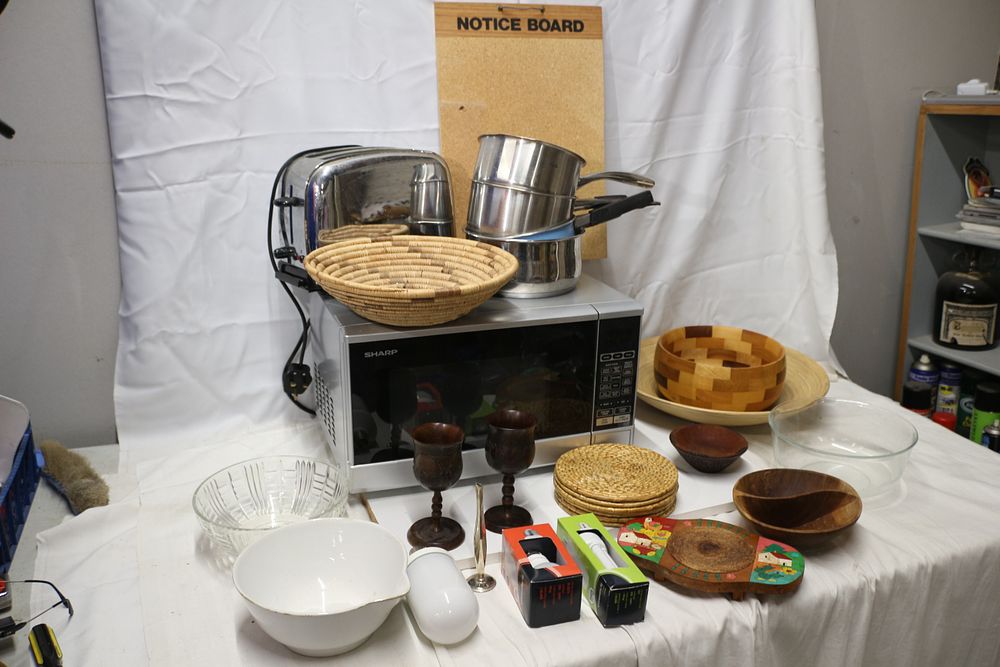 Lot 249: Mixed Lot of Kitchenware and Treen Inc Sharp Microwave, Russell Hobbs Toaster, Fissler Pots & Decorative Items