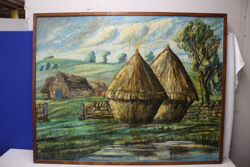 Lot 403: Large Farm Landscape Oil Painting, Signed Alban Atkins