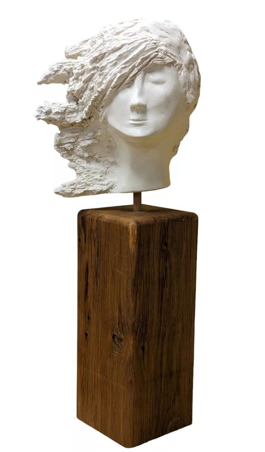 Lot 415: A Modern Plaster Bust of a Wind-Swept Woman on a Wooden Plinth