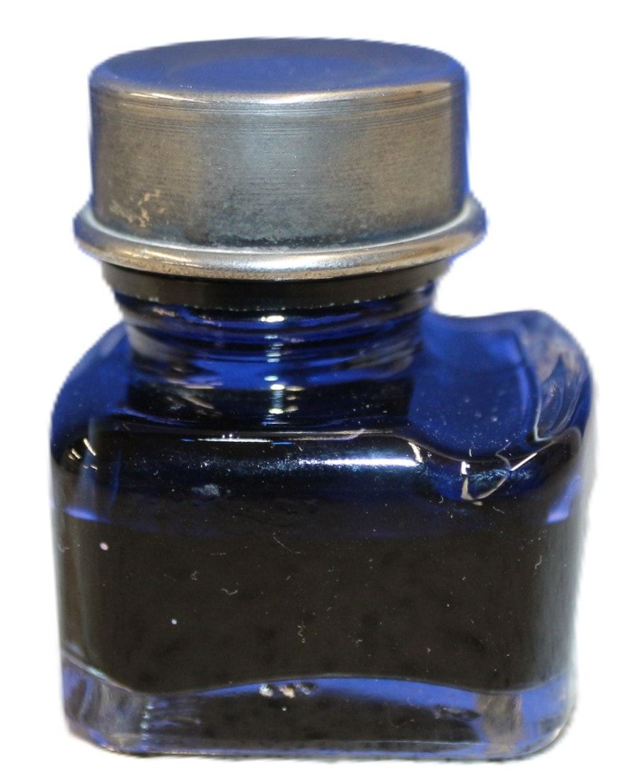 Lot 454: A Vintage J. Herbin Paris, Dark Blue Full Glass Ink Bottle with Metal Cap