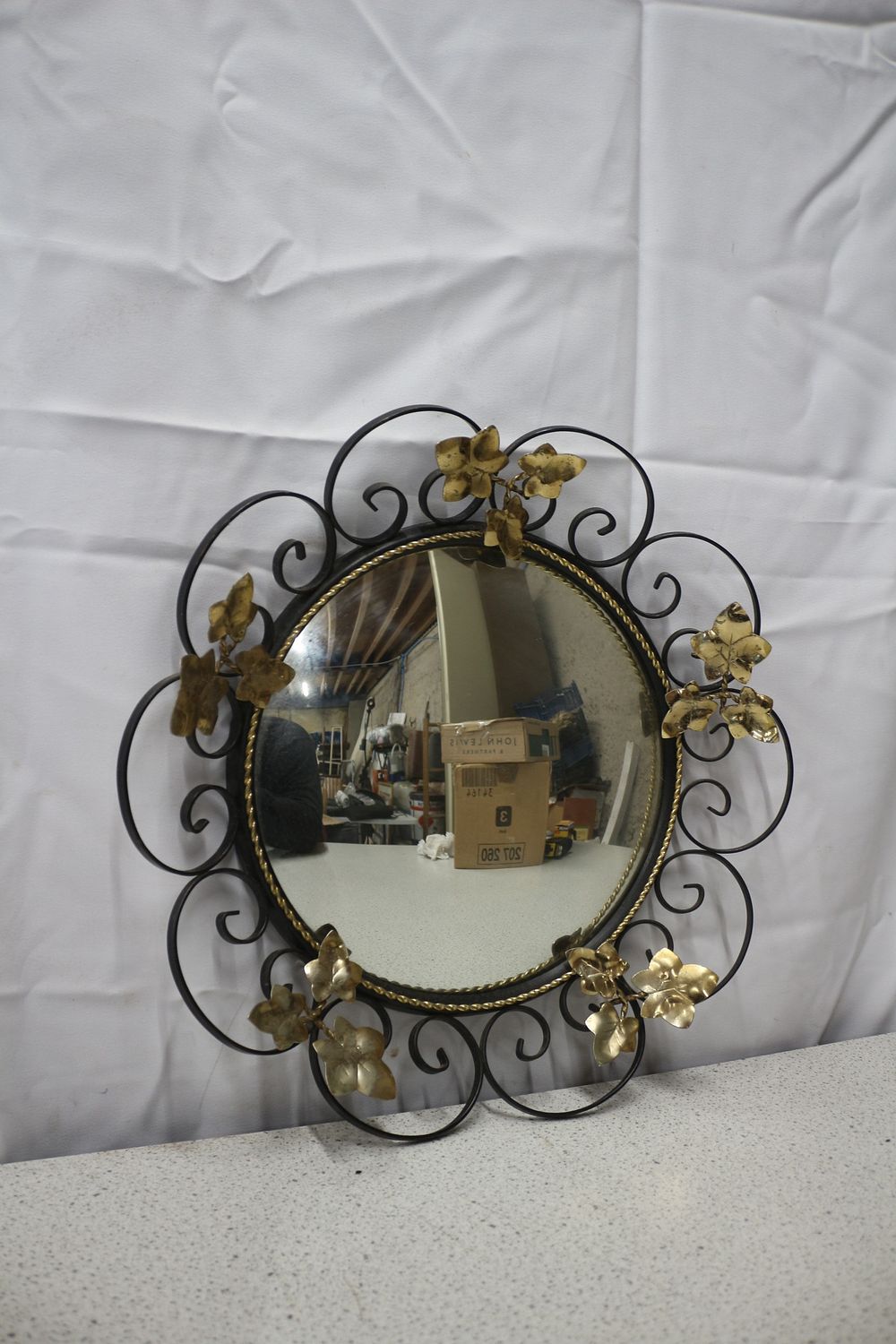 Lot 176: Retro Wrought Iron Scrollwork Convex Wall Mirror with Gold Leaf