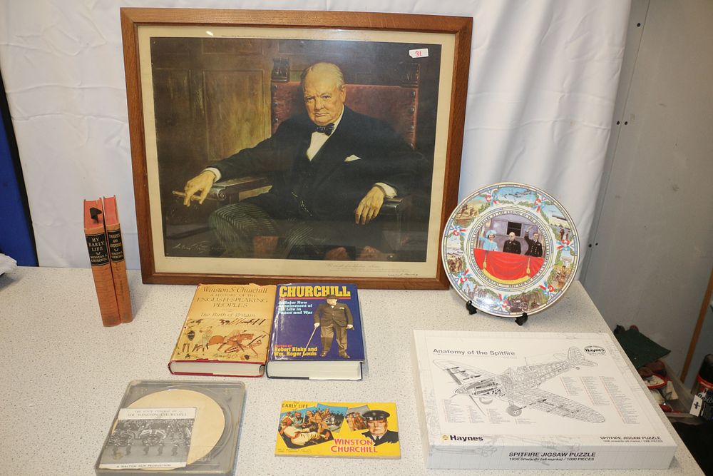 Lot 223: A Framed Winston Churchill Colour Print, Film of Churchills Funeral and other Memorabilia