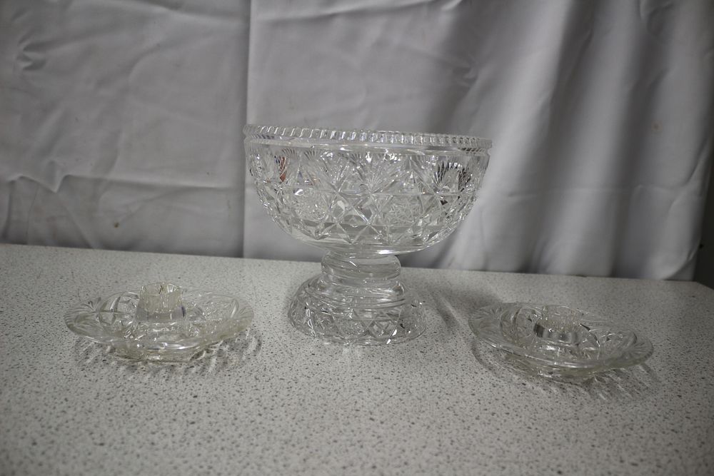 Lot 270: A Cut Stuart Crystal Rainbow Prism Pedestal Bowl and Two Crystal Candle Holders