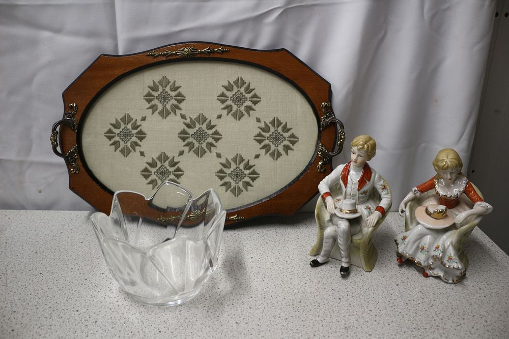Lot 287: A Pair of Multi-Coloured Antique Porcelain Figurines and a Vintage Lef Kara Tray, Swedish Orrefors Crystal Bowl