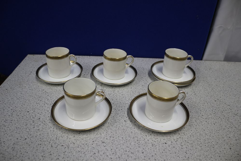 Lot 451: Foley China White Ceramic Espresso Cups and Saucers with Greek Key Pattern