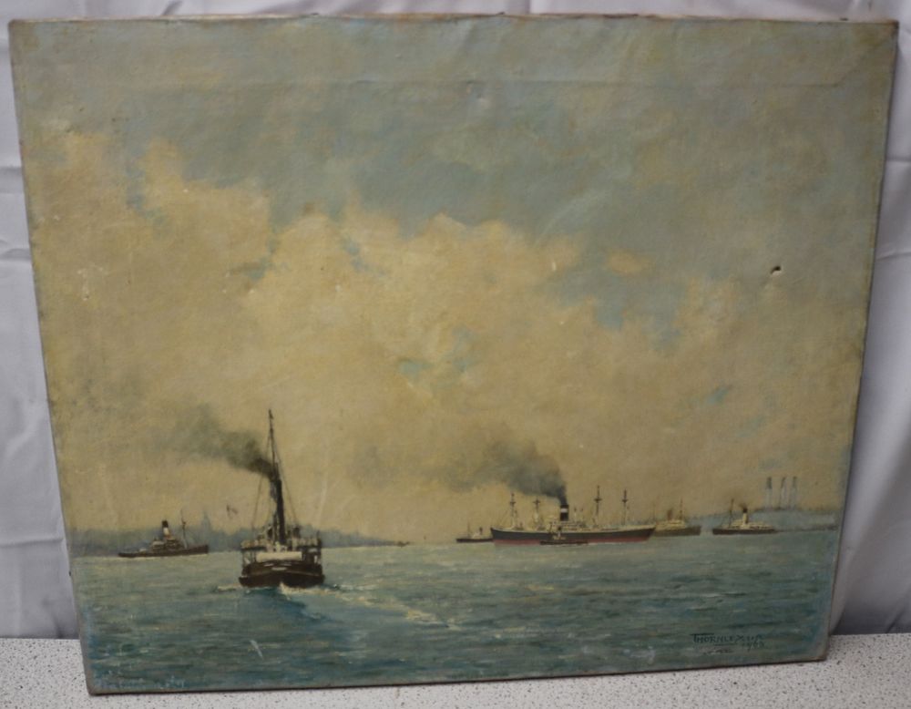 Lot 486: THORNLEY. D. A, Maritime Scene with Multiple Steam-Powered Vessels, Oil on Canvas, Dated 1960