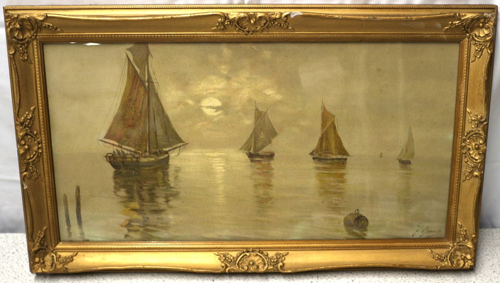 Lot 489: Early 20th Century, Seascape with Sailboats, Believed to be by Fausto Giusto (1847 - 1941) Signed Bottom Right Corner
