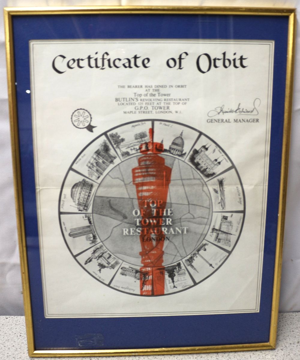 Lot 490: A Framed 'Certificate of Orbit' from Butlin's Top of the Tower Restaurant, G.P.O. Tower, London, Mid-20th Century