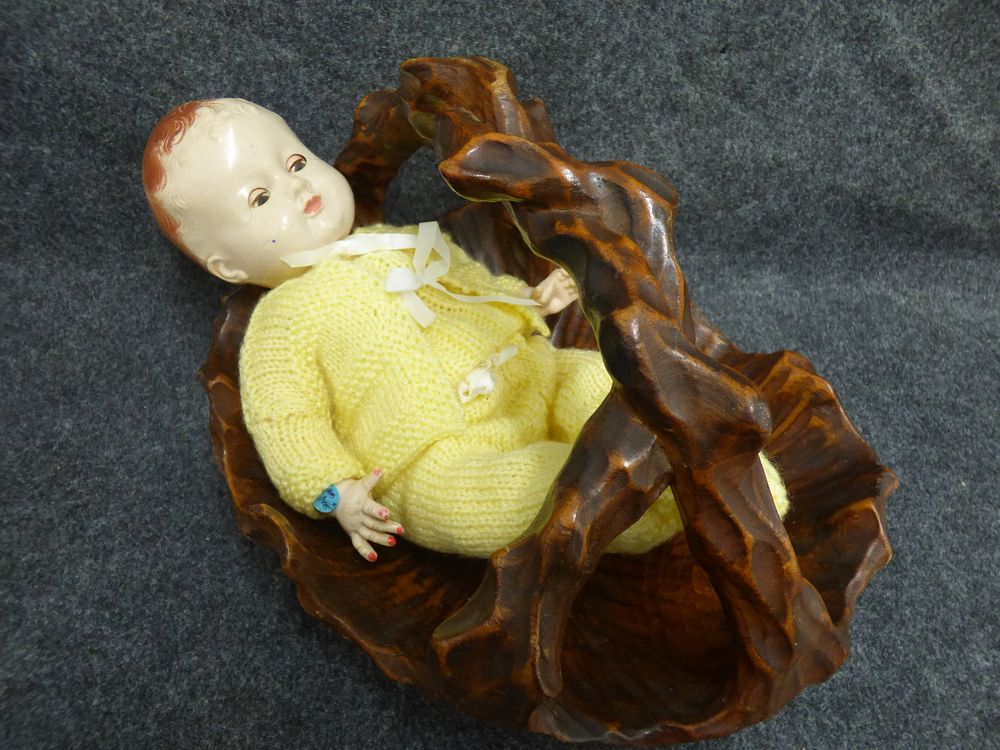 Lot 154: Two Items: Pedigree Baby Doll and Carved Wooden Basket
