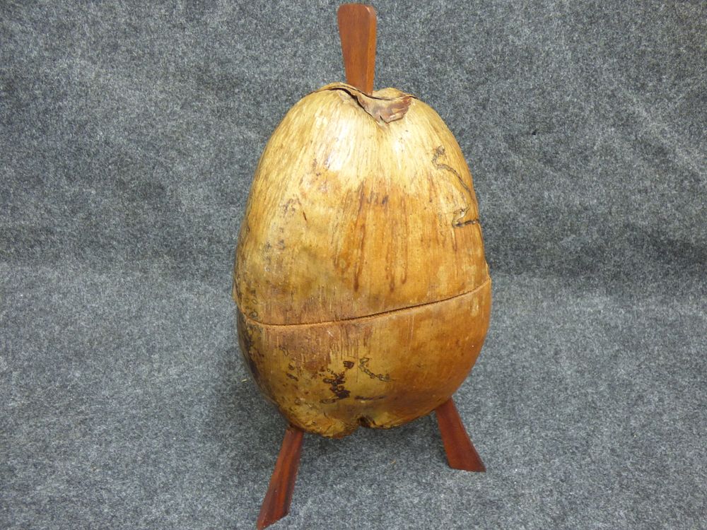 Lot 155: Handmade Lidded Coconut Husk Bowl with Wooden Legs