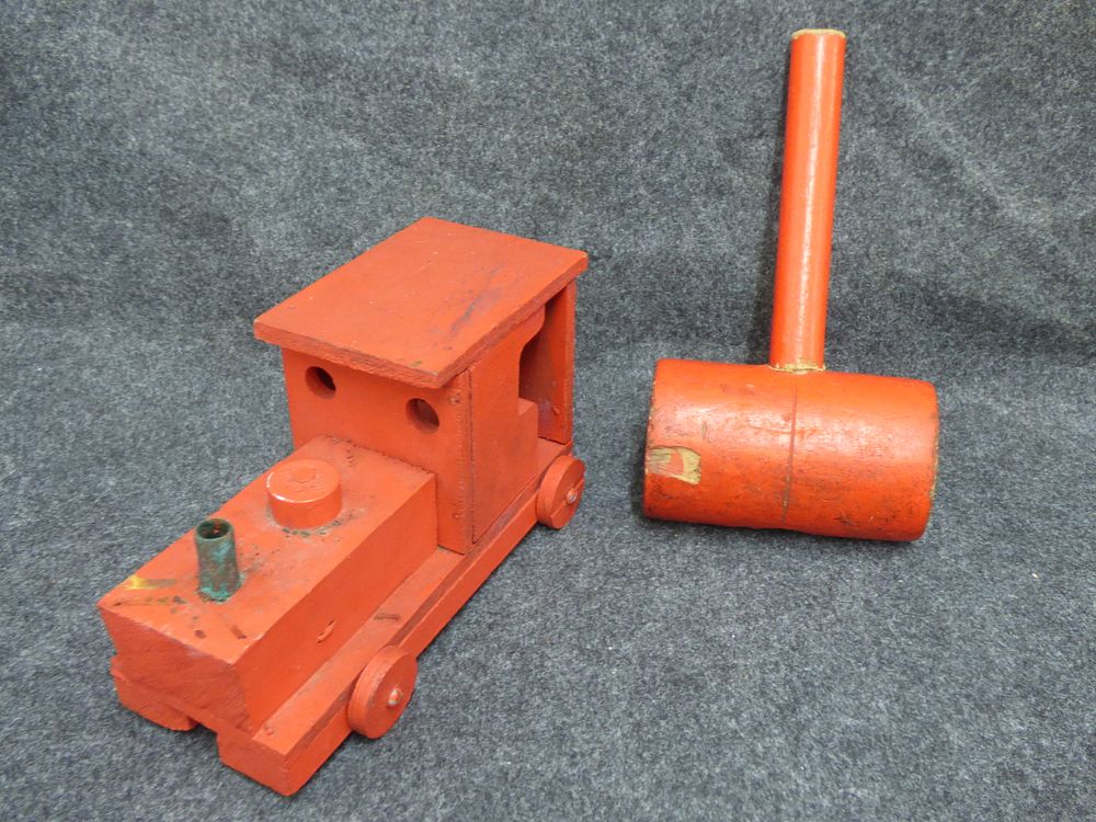 Lot 158: Two Red Wooden Handmade Toys Including Train Engine and Mallet