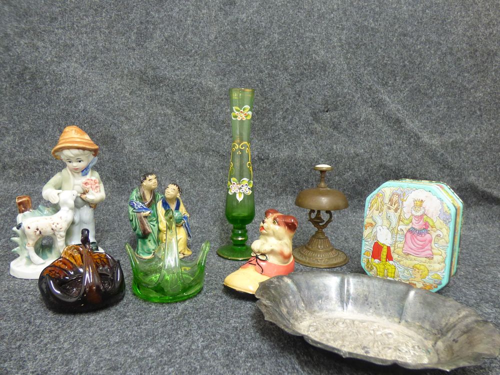 Lot 165: A Collection of Decorative Figurines, Glassware, and Rupert Bear Tin