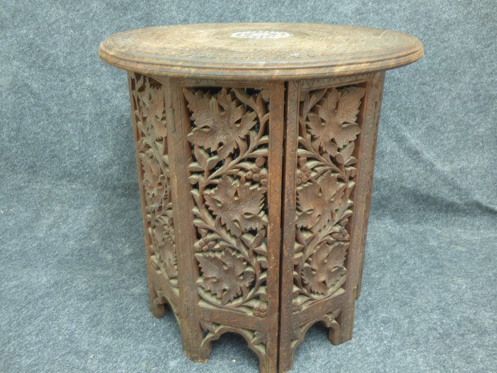 Lot 199: Vintage Anglo-Indian Carved Wooden Folding Octagonal Side Table