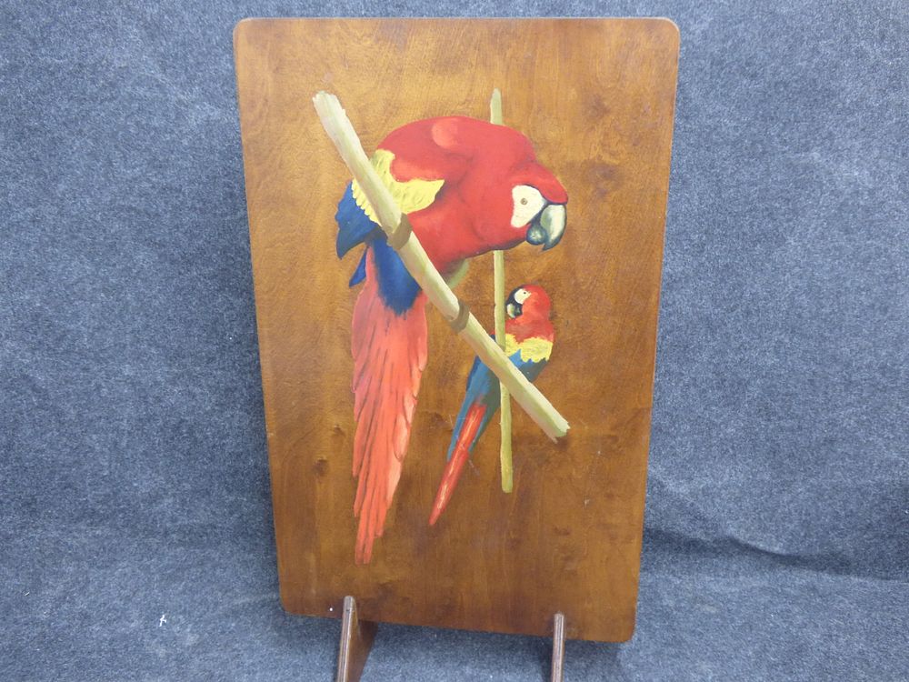 Lot 211: Hand Painted Wooden Panel Depicting Two Macaws