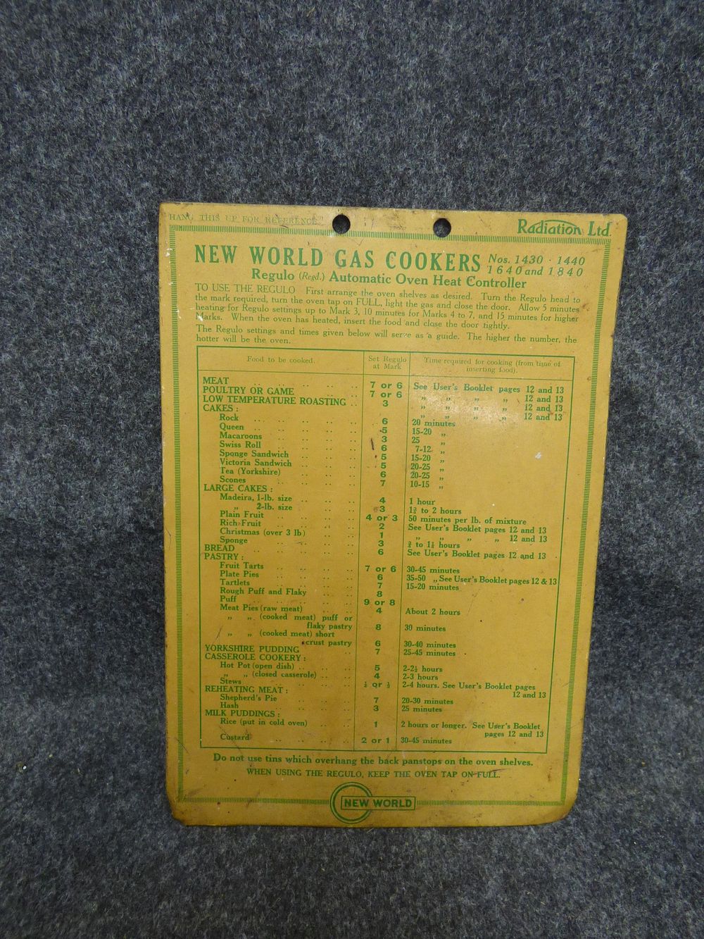 Lot 240: A Rare Radiation Ltd. New World Gas Cookers Metal Instruction Plaque