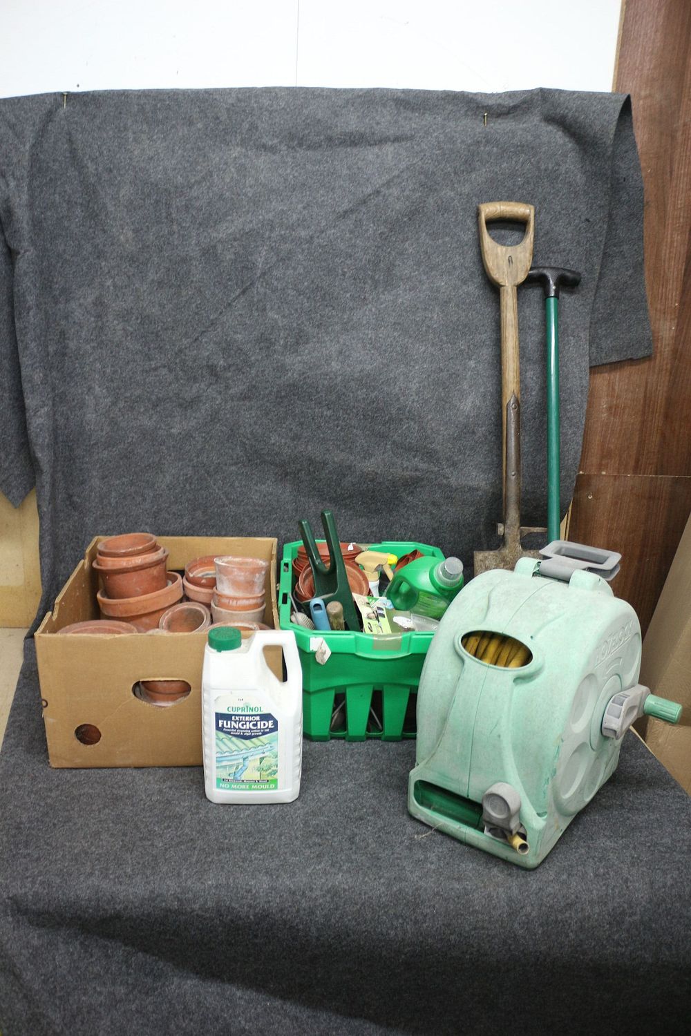 Lot 260: A Collection of Garden Equipment Including Hose Reel and Shovels