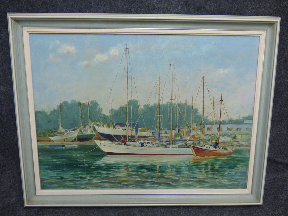 Lot 270: Framed Oil on Canvas Harbour Scene Signed Roland A Lander