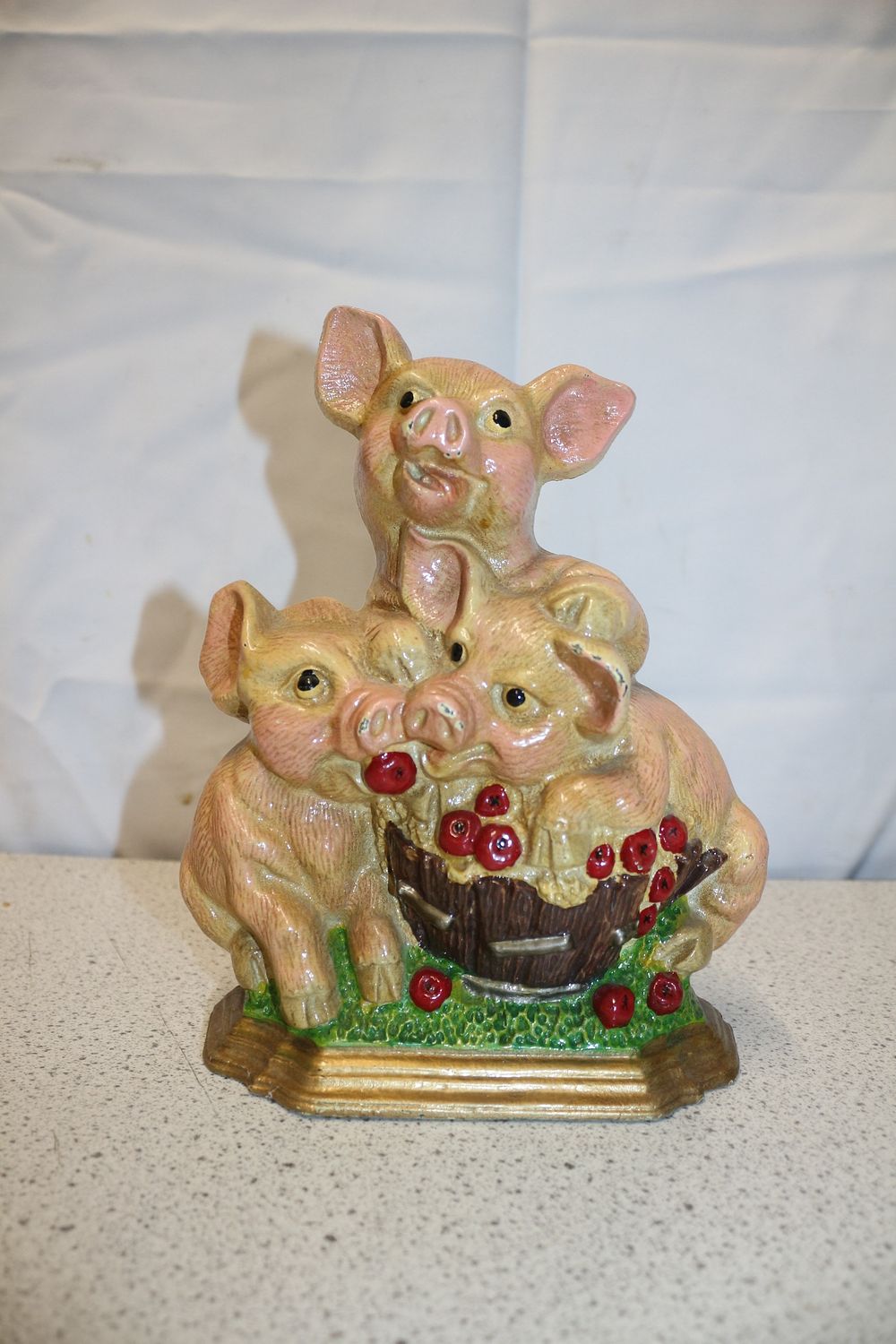 Lot 331: Vintage Hand Painted Cast Iron Three Pigs Figurine Door Stop
