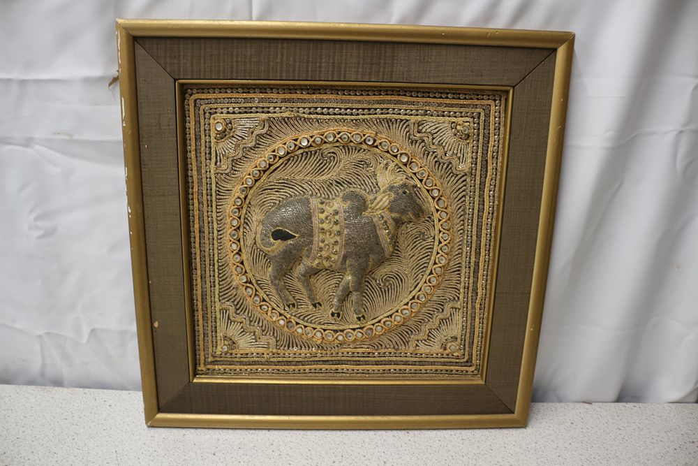 Lot 408: A Vintage Framed Burmese Kalaga Tapestry with Bull Motif