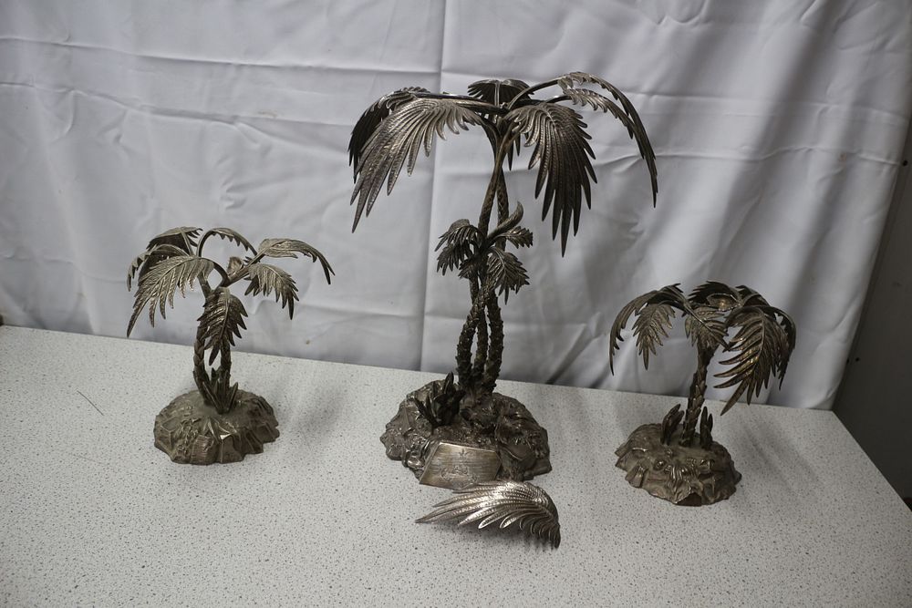 Lot 446: Three Silver Plated Victorian Palm Tree Table Top Sculptures with Latin Wording in Scroll and Boar Head and Bird Above