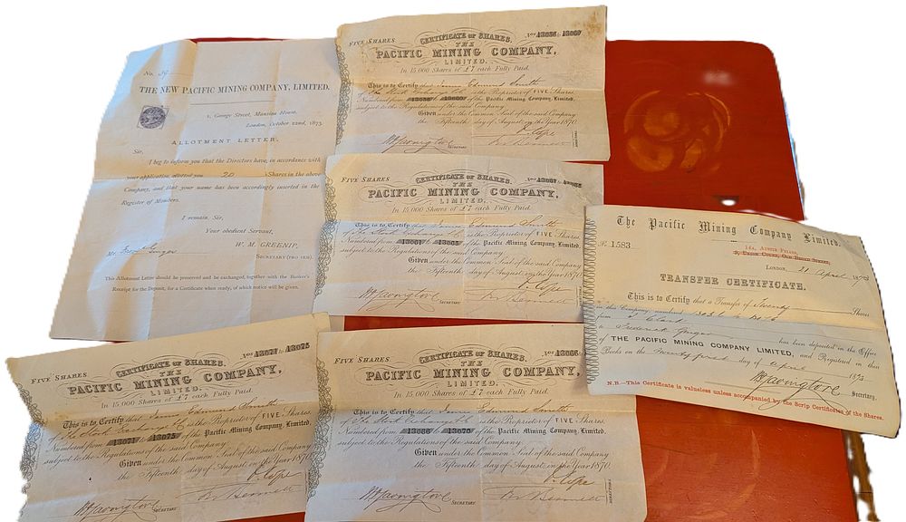Lot 674: A Collection of Seven Victorian Financial Documents from The Pacific Mining Company, Limited