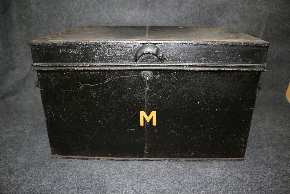 Lot 222: Black Metal Deed Box with Yellow Letter M