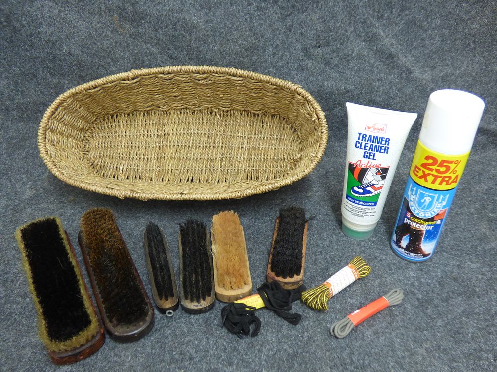 Lot 235: A Collection of Shoe Care Accessories and Woven Basket