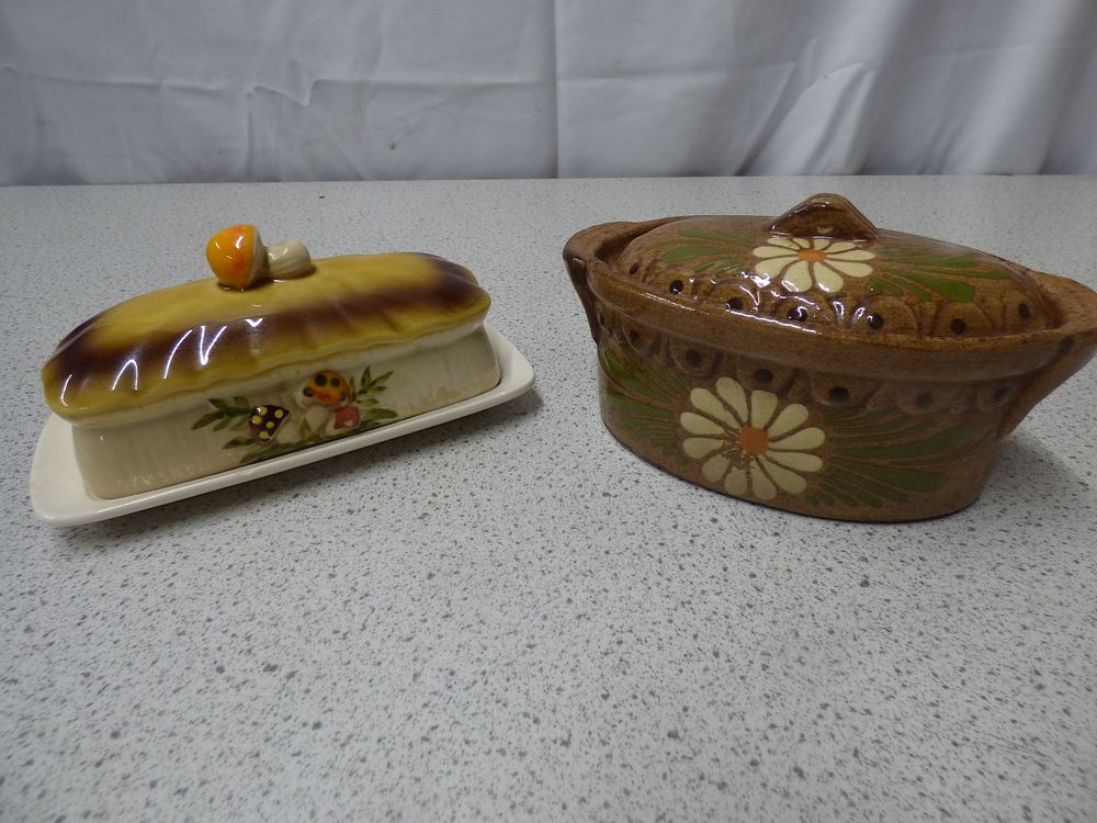 Lot 242: Two Folk Art Ceramic Butter and Casserole Dishes