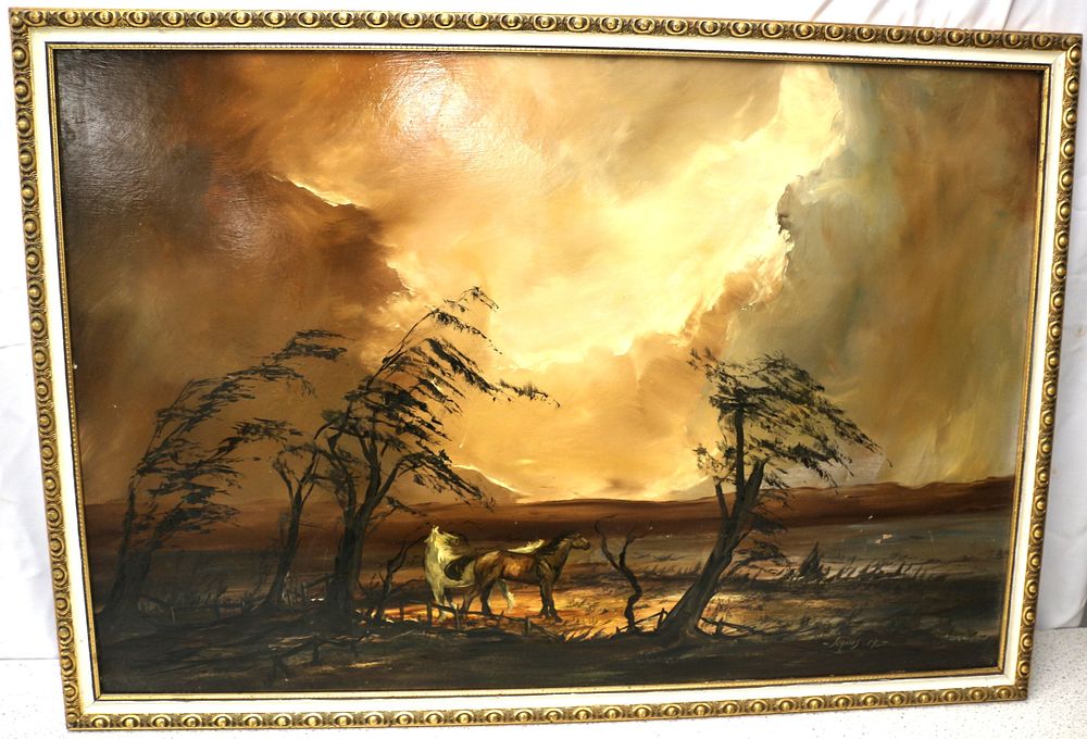 Lot 481: Signed Scanes (1969) Oil Painting, Horses in a Stormy Landscape (possibly John Scanes?)
