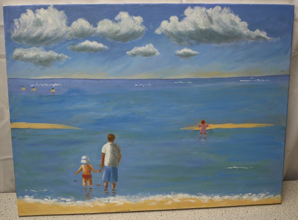 Lot 484: A Modern Naive Style Beach Scene Painting by Sarah Huggett