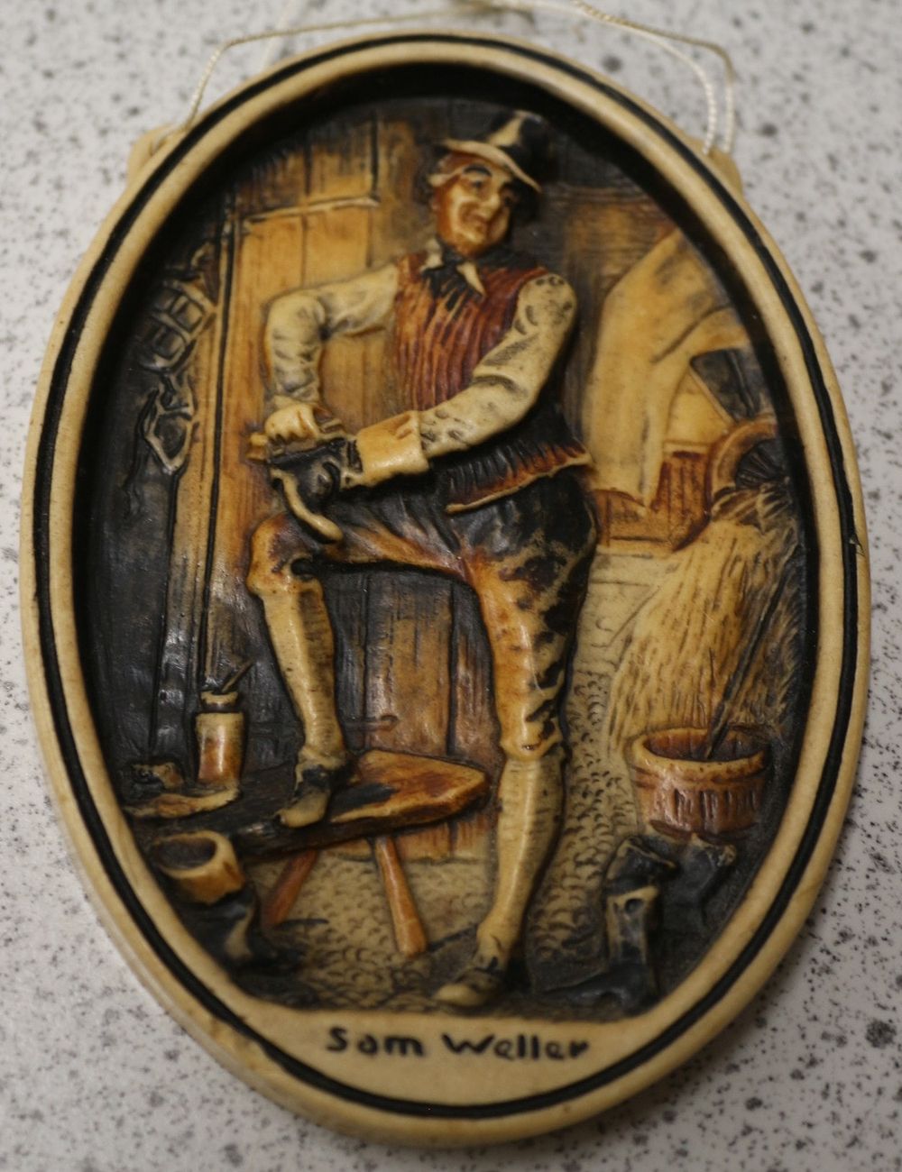 Lot 518: Arthur Osborne Ivorex Plaque, 'Sam Weller' Cobbler Scene