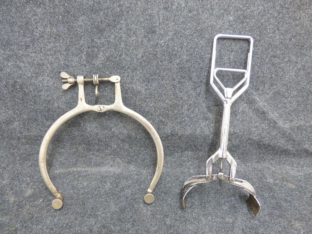 Lot 210: Two Silver-Toned Metal Instruments Including Coal Tongs and Surgical Instrument