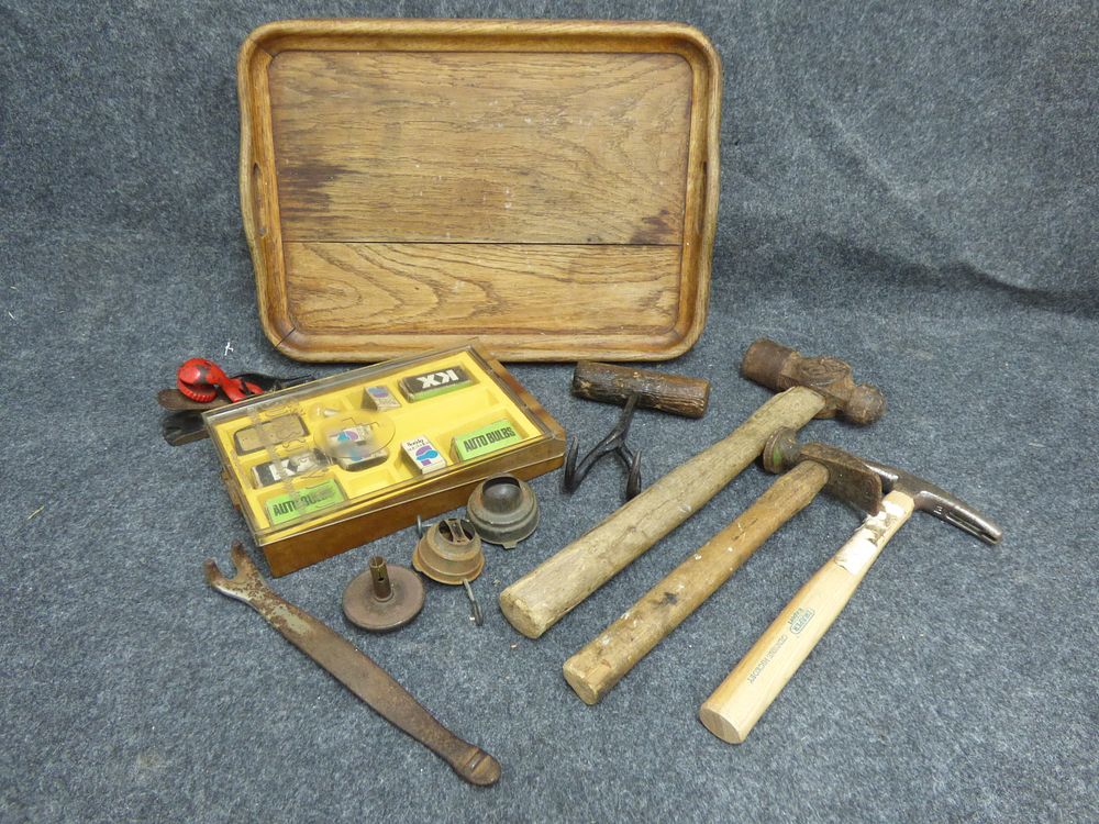 Lot 221: A Collection of Wooden Tray, Hand Tools, and Auto Bulbs