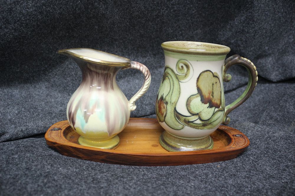 Lot 253: A Studio Pottery Jug and Tankard on a Wooden Tray