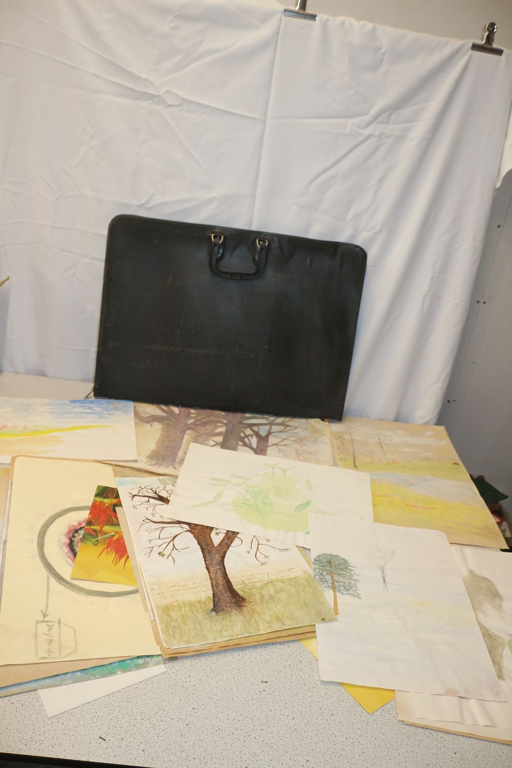 Lot 284: A Black Portfolio Case and Collection of Artworks