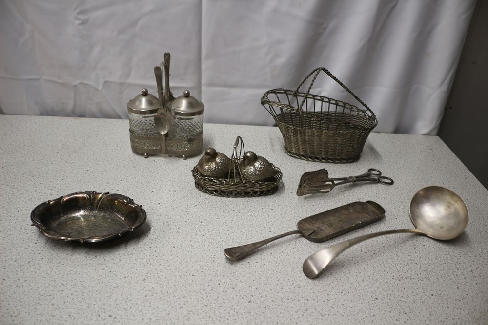 Lot 358: A Collection of Tarnished Silver-Toned Kitchen and Serving Ware