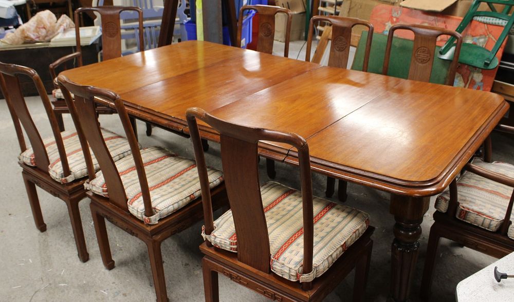 Lot 458: Extendable Dining Table and Eight Chinese Style Dining Chairs